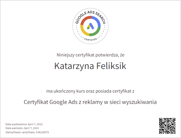 Certyfikat Google Ads z Reklamy w Sieci Wyszukiwania