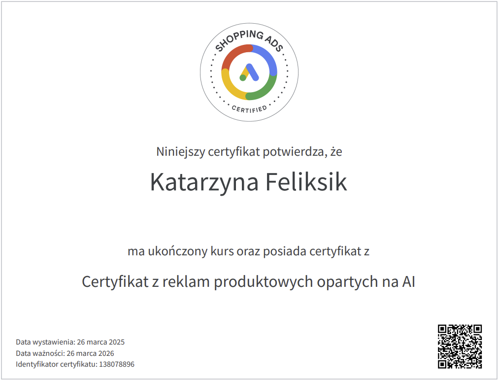 Certyfikat Google Ads z Reklam Produktowych opartych na AI