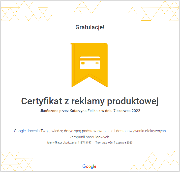 Certyfikat Google Ads z Reklamy Produktowej
